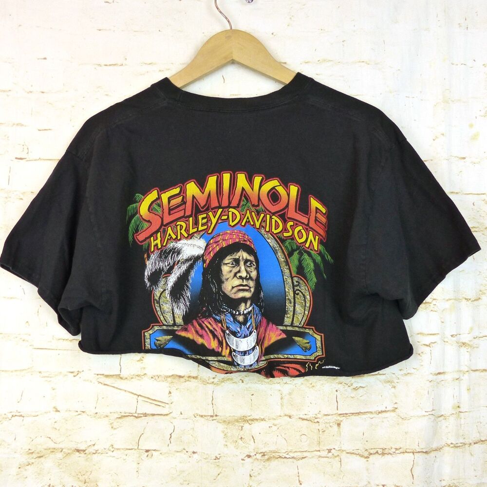 VTG Harley Davidson Crop Shirt Women L Black Seminole Indian Florida RK Stratman